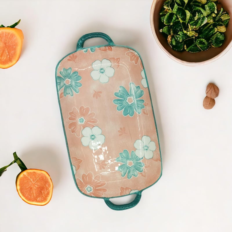 Lemon Tree Rectangle Deep Dish Platter with Double Handle for Snack Serving in Floral Prints | Ceramic Stoneware Serving Platter for Serving Snacks or Fancy Attractive Pastel Color (Pink) - Image 1