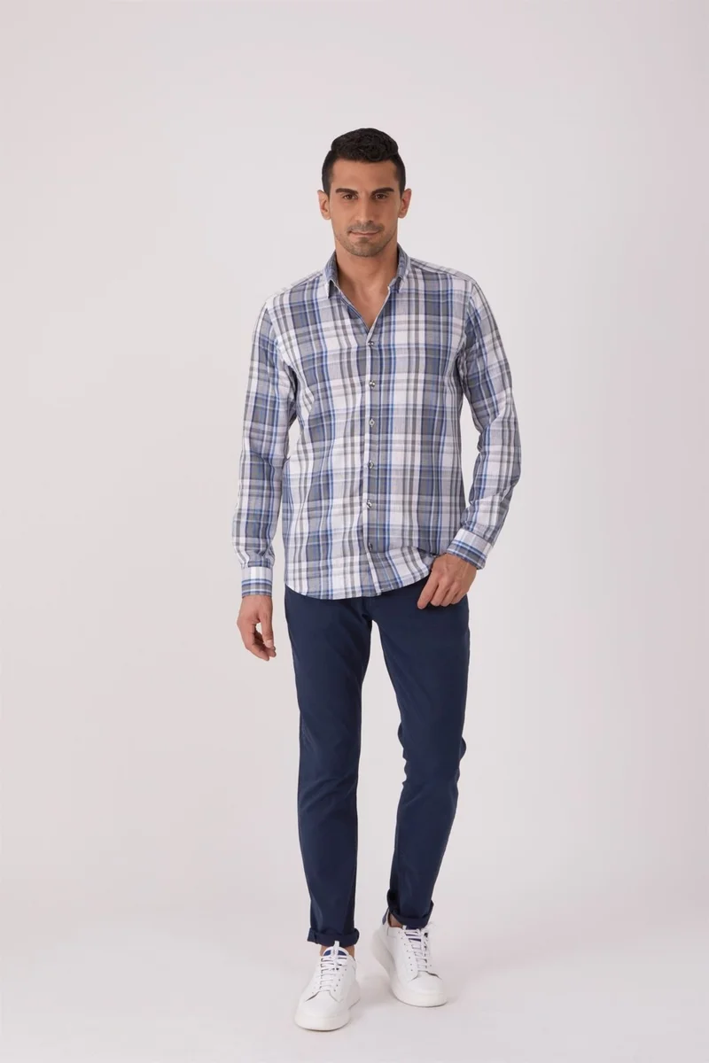 Dufy Blue Men's Slim Fit Brent Collar Long Sleeve Shirt