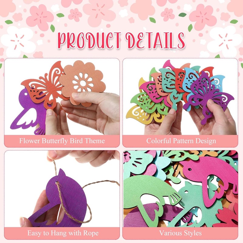 Blulu 48 Pieces Spring Hanging Ornaments Easter Tree Decorations Colorful Butterfly Birds Flowers Wooden Ornaments Welcome Spring Wood Hanging Decors with String for Small Tree Classroom DIY Crafts - Image 3