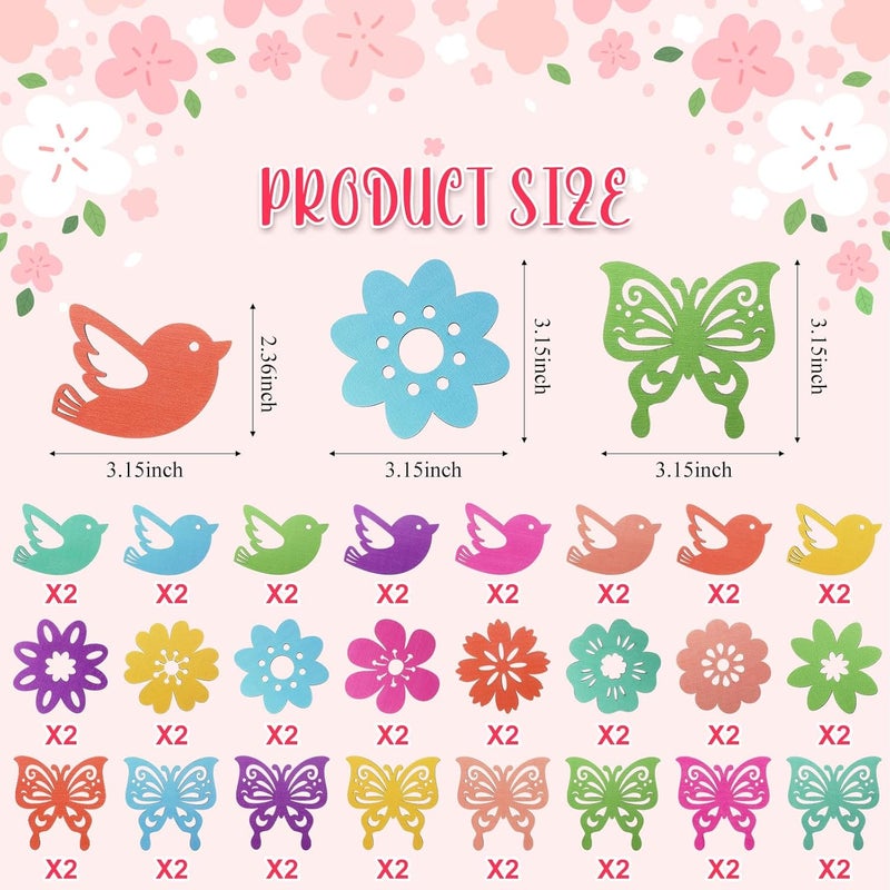Blulu 48 Pieces Spring Hanging Ornaments Easter Tree Decorations Colorful Butterfly Birds Flowers Wooden Ornaments Welcome Spring Wood Hanging Decors with String for Small Tree Classroom DIY Crafts - Image 2