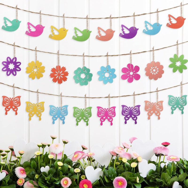 Blulu 48 Pieces Spring Hanging Ornaments Easter Tree Decorations Colorful Butterfly Birds Flowers Wooden Ornaments Welcome Spring Wood Hanging Decors with String for Small Tree Classroom DIY Crafts - Image 5