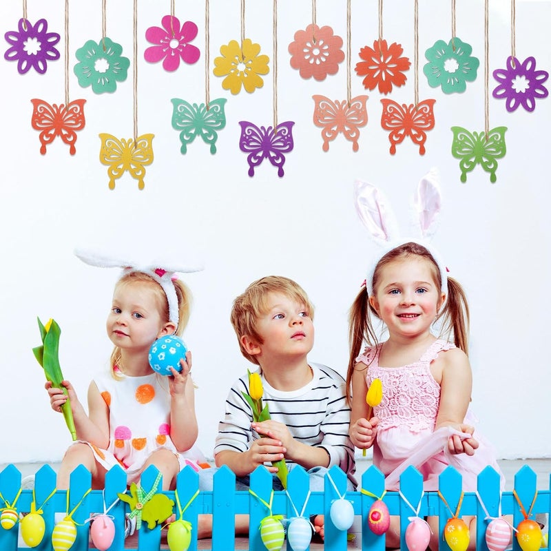 Blulu 48 Pieces Spring Hanging Ornaments Easter Tree Decorations Colorful Butterfly Birds Flowers Wooden Ornaments Welcome Spring Wood Hanging Decors with String for Small Tree Classroom DIY Crafts - Image 4