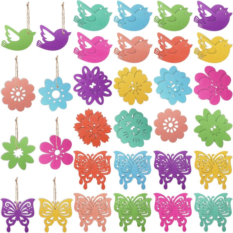Blulu 48 Pieces Spring Hanging Ornaments Easter Tree Decorations Colorful Butterfly Birds Flowers Wooden Ornaments Welcome Spring Wood Hanging Decors with String for Small Tree Classroom DIY Crafts - Image 1