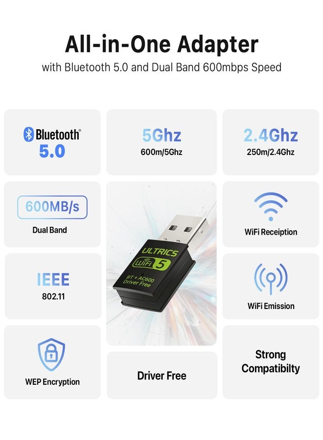 ULTRICS محول واي فاي وبلوتوث USB من ULTRICS، مستقبل لاسلكي خارجي ثنائي النطاق 2.4/5 جيجاهرتز بسرعة 600 ميجابت في الثانية، دونجل واي فاي صغير لأجهزة الكمبيوتر/اللابتوب/المكتبي، متوافق مع أنظمة التشغيل ويندوز 11/10/8.1/ماك أو إس - Image 3