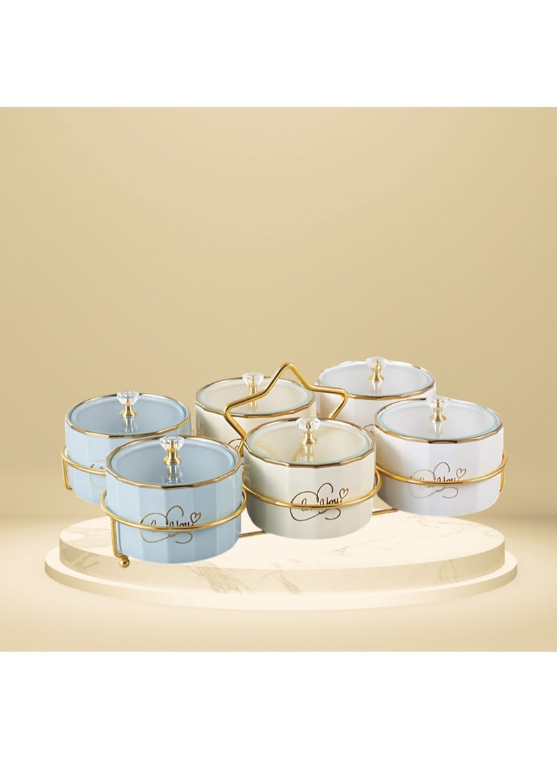 طقم تسالي بورسلين 6 قطع + حامل ذهبي - مستورد