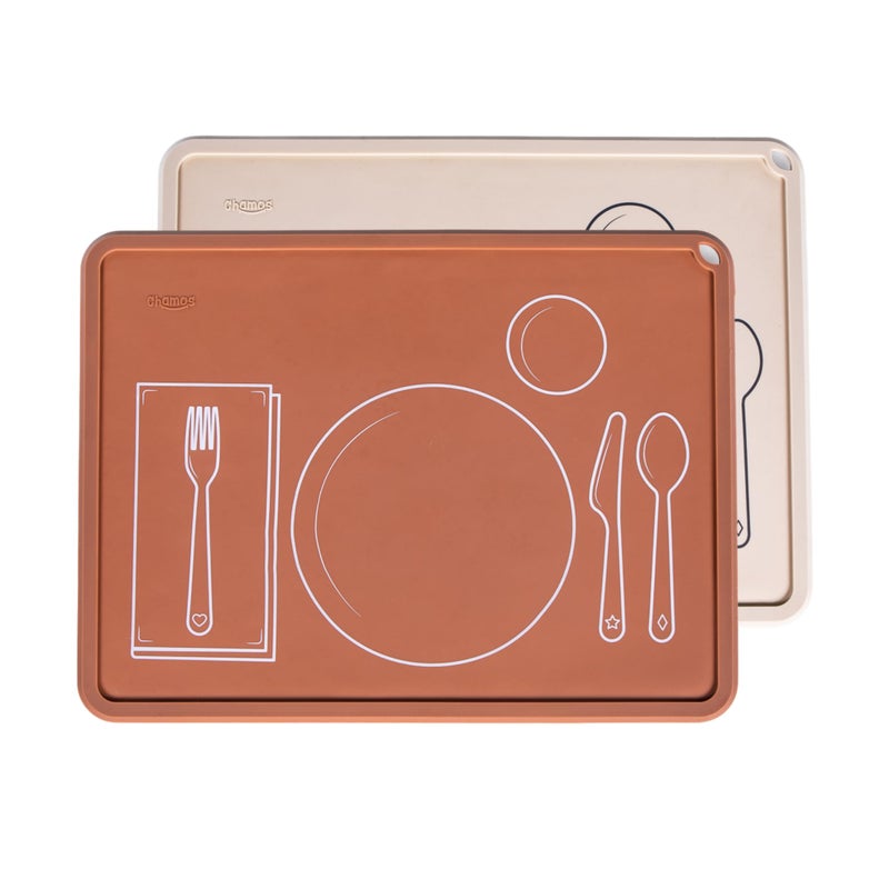 CHAMOS Montessori Placemat for Toddlers - Kids Silicone Mats for Dining Table - Set of 2 - Table Setting Learning (Clay and Beige) - Image 1