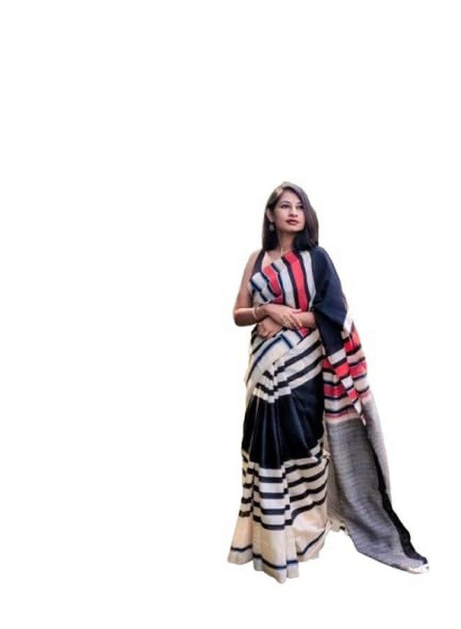 Elegant Striped Saree, Cotton Blend, Black and White with Red Accents, Traditional Indian Wear - Image 1