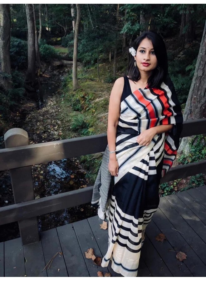 Elegant Striped Saree, Cotton Blend, Black and White with Red Accents, Traditional Indian Wear - Image 4