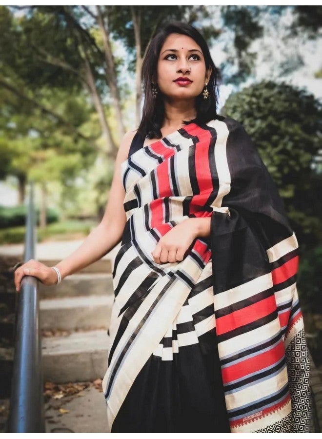 Elegant Striped Saree, Cotton Blend, Black and White with Red Accents, Traditional Indian Wear - Image 2