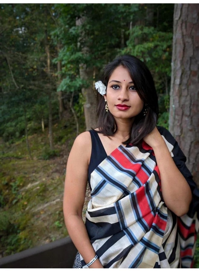 Elegant Striped Saree, Cotton Blend, Black and White with Red Accents, Traditional Indian Wear - Image 5