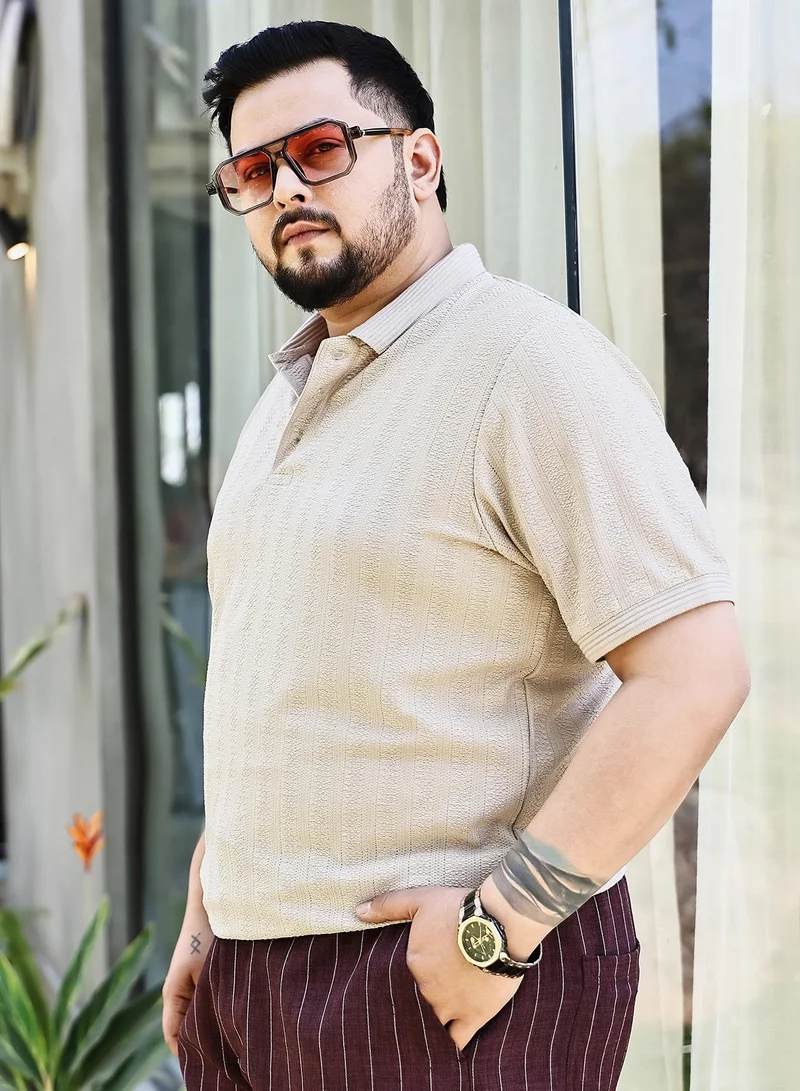 Instafab Plus Instafab Plus Men's Ecru Beige Texture-Lined Polo T-Shirt For Casual Wear | Polo Neck | Short Cuffed Sleeves | Half-Button Closure | Plus Size T-Shirt Crafted With Comfort Fit For Everyday Wear