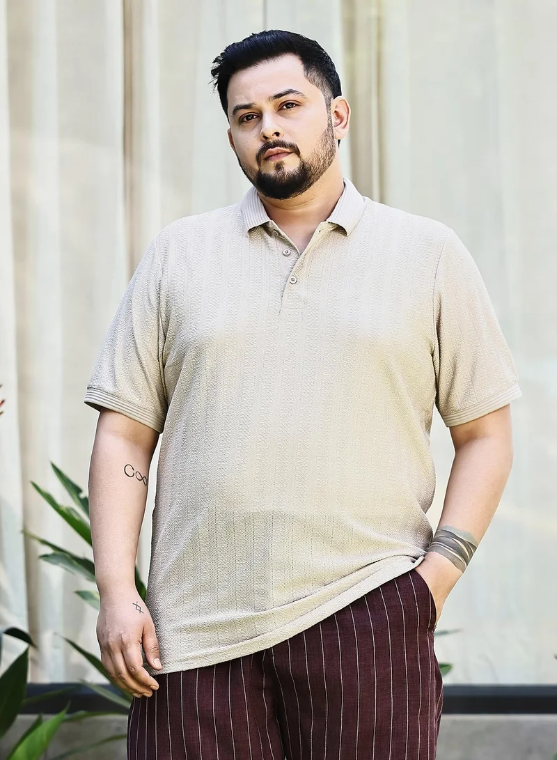 Instafab Plus Instafab Plus Men's Ecru Beige Texture-Lined Polo T-Shirt For Casual Wear | Polo Neck | Short Cuffed Sleeves | Half-Button Closure | Plus Size T-Shirt Crafted With Comfort Fit For Everyday Wear