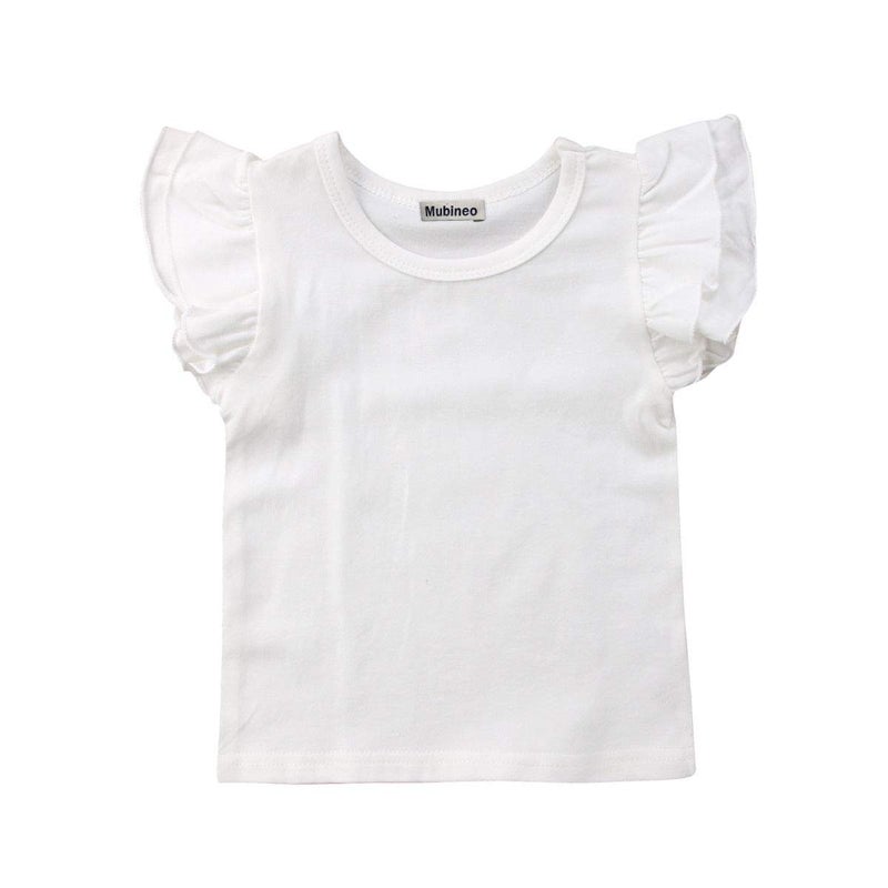 Mubineo Toddler Baby Girl Basic Plain Ruffle Sleeve Cotton T Shirts Tops Tee Clothes (White, 5-6T) - Image 1