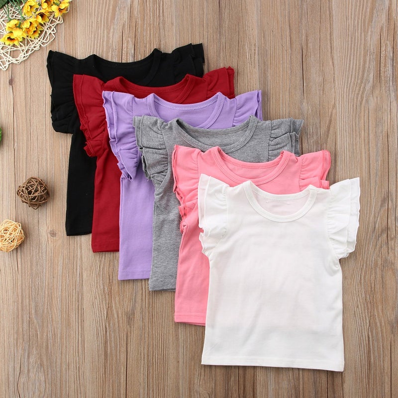 Mubineo Toddler Baby Girl Basic Plain Ruffle Sleeve Cotton T Shirts Tops Tee Clothes (White, 5-6T) - Image 2