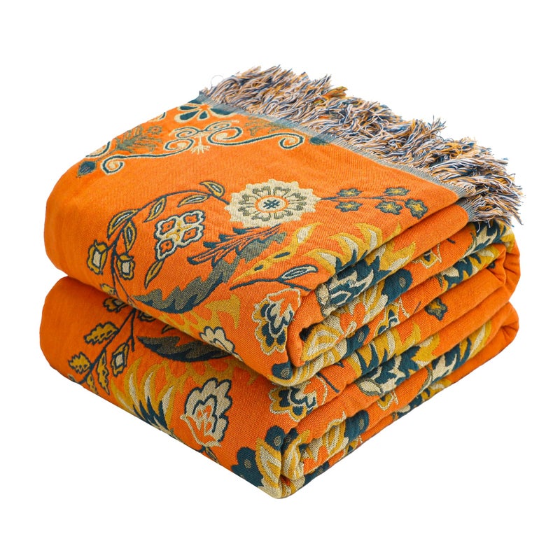 VANJOROY Boho Large Throw Blanket 100 Organic Muslin Cotton Breathable Soft Bed Throw Floral Farmhouse Decor Blanket for Sofa Couch Chair and Gift 80 x 90 Orange - Image 2