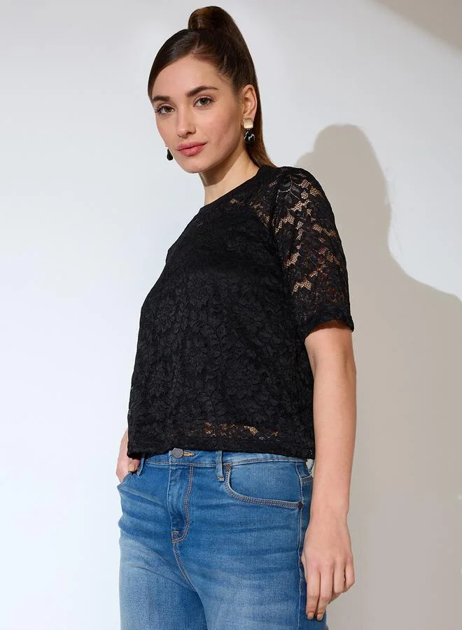 globus Globus Black Floral Lace Crop Top