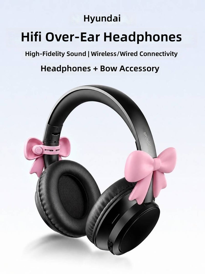 HYUNDAI HY-T02MAX Over-Ear Bluetooth Headphones with Bow Accessory, HiFi Sound, Deep Bass, Clear Calls, Noise Cancellation, Low Latency, Long Battery Life, for Music, Sports, Gaming, Business, Compatible with Phones and Tablets - Pink
