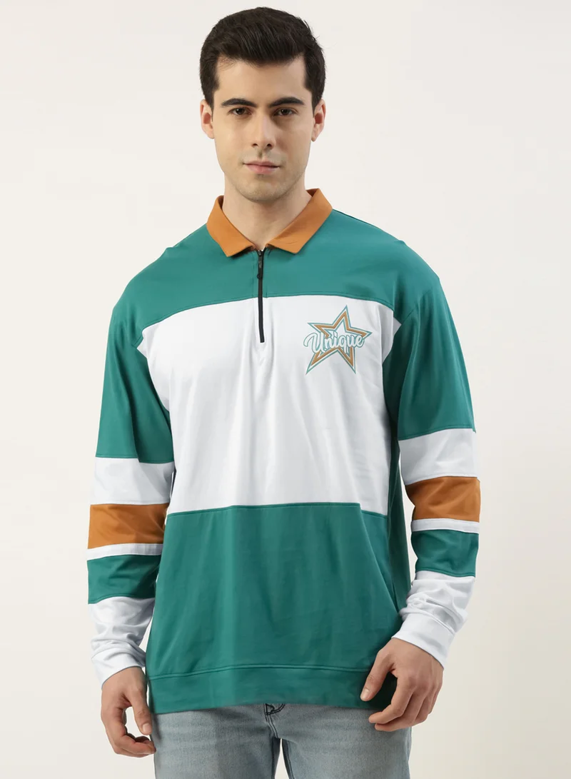 Maniac Maniac Mens ColorBlock Polo Neck Full Sleeve Green and White Boxy Fit Cotton T-Shirt