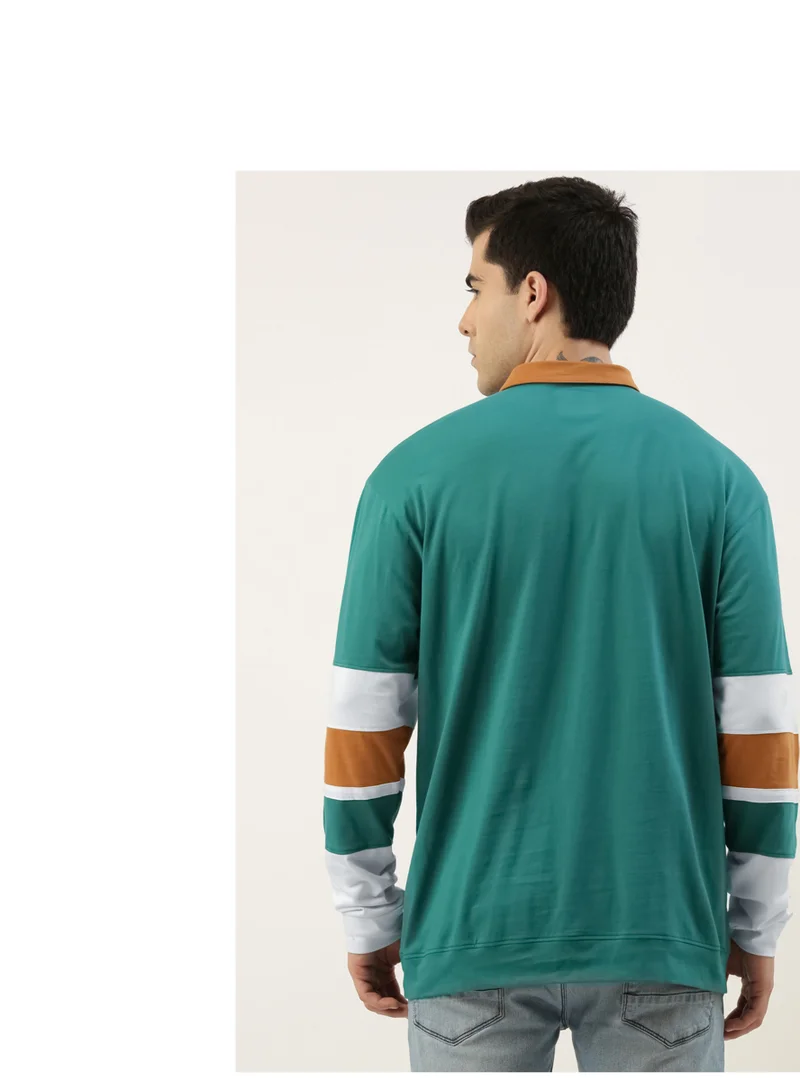 Maniac Maniac Mens ColorBlock Polo Neck Full Sleeve Green and White Boxy Fit Cotton T-Shirt
