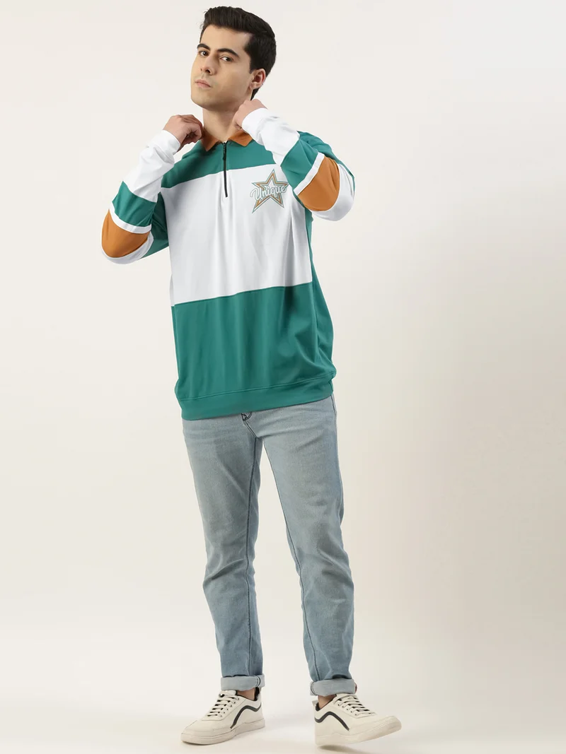 Maniac Maniac Mens ColorBlock Polo Neck Full Sleeve Green and White Boxy Fit Cotton T-Shirt