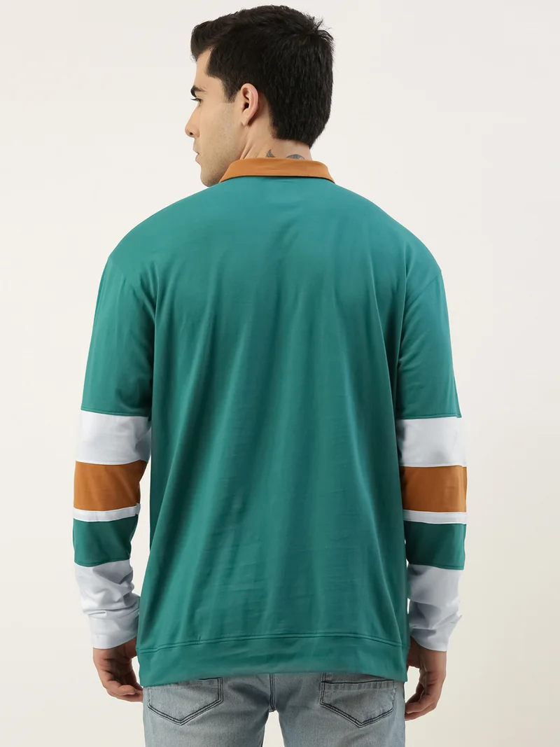 Maniac Maniac Mens ColorBlock Polo Neck Full Sleeve Green and White Boxy Fit Cotton T-Shirt