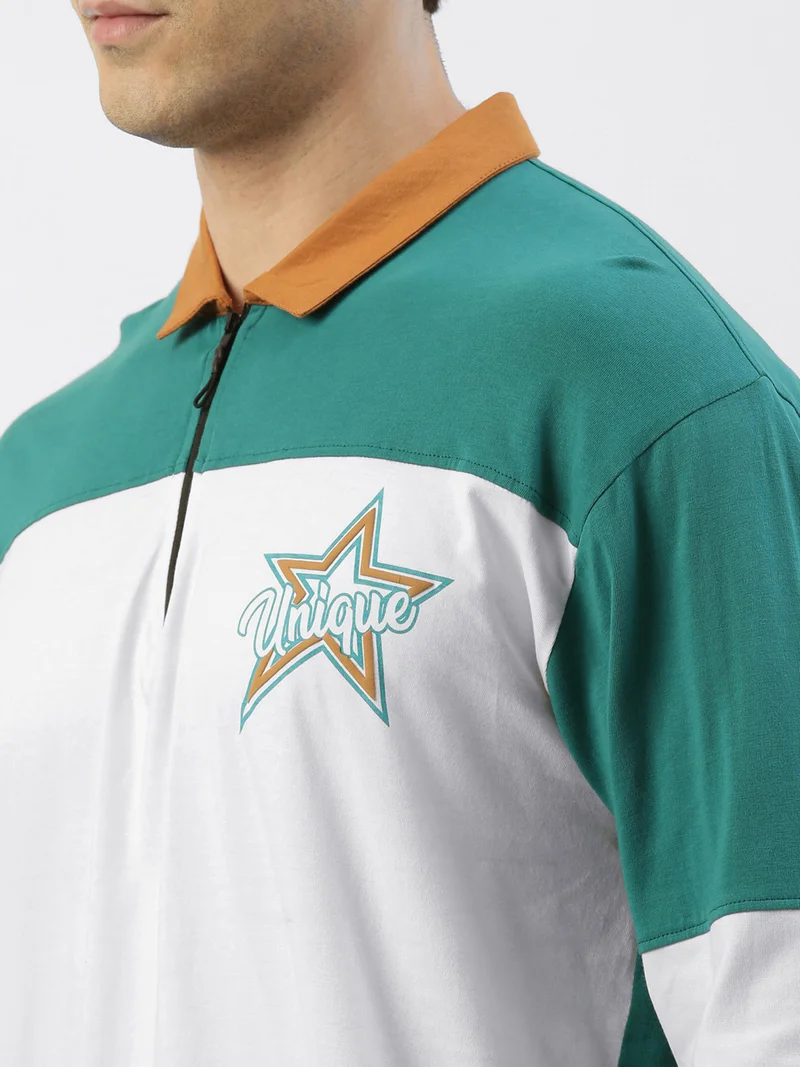 Maniac Maniac Mens ColorBlock Polo Neck Full Sleeve Green and White Boxy Fit Cotton T-Shirt
