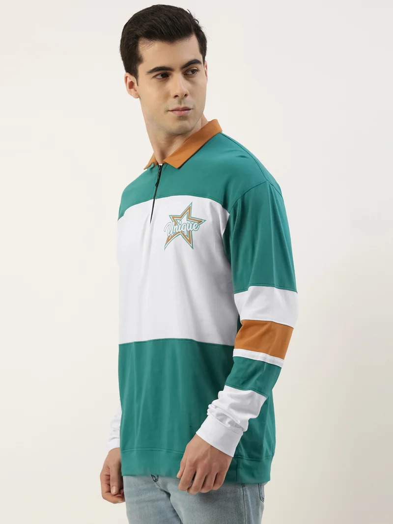 Maniac Maniac Mens ColorBlock Polo Neck Full Sleeve Green and White Boxy Fit Cotton T-Shirt