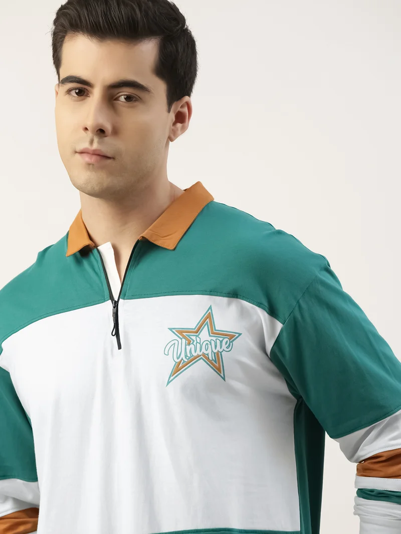 Maniac Maniac Mens ColorBlock Polo Neck Full Sleeve Green and White Boxy Fit Cotton T-Shirt