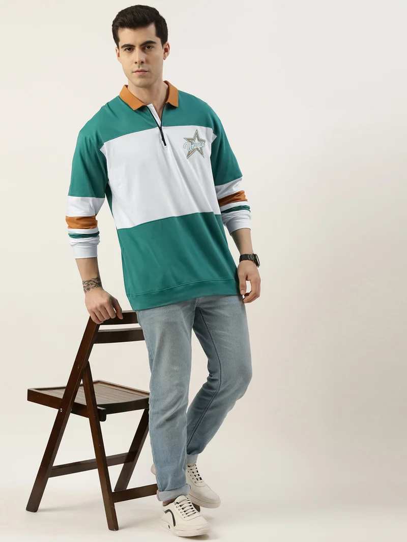 Maniac Maniac Mens ColorBlock Polo Neck Full Sleeve Green and White Boxy Fit Cotton T-Shirt
