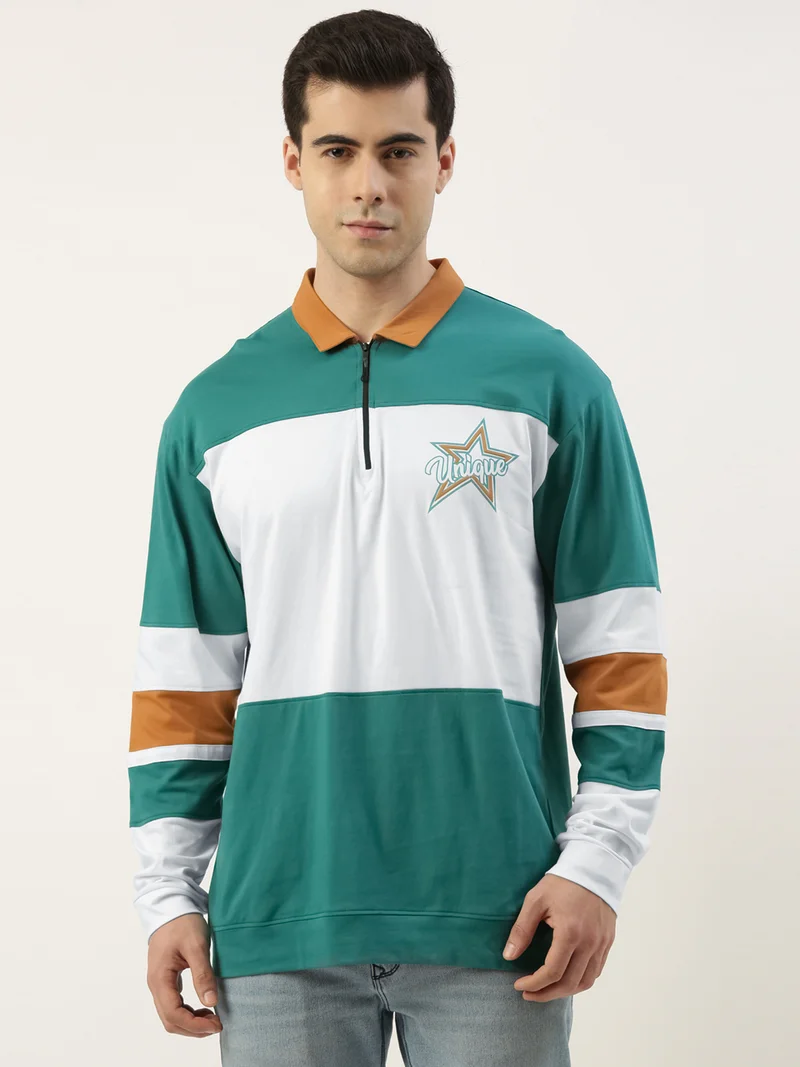 Maniac Maniac Mens ColorBlock Polo Neck Full Sleeve Green and White Boxy Fit Cotton T-Shirt