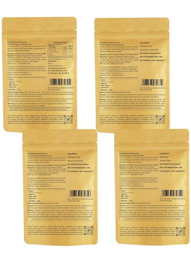 CARMEL ORGANICS Combo Of Amla,Shikakai,Soapnut & Bhringraj Powder(75G Each) | Natural | Promotes Hair Growth,Strengthens Hair & Adds Shine And Luster | No Added Preservatives & Additives  - Image 2