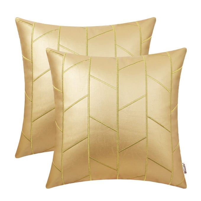 Faux Leather Pillow Covers 20 X 20 Inches Gold Leather Pillow Covers Pack of 2 Geometric Embroidery Leather Decorative Throw Pillows for Living Room Couch Bed Sofa Home