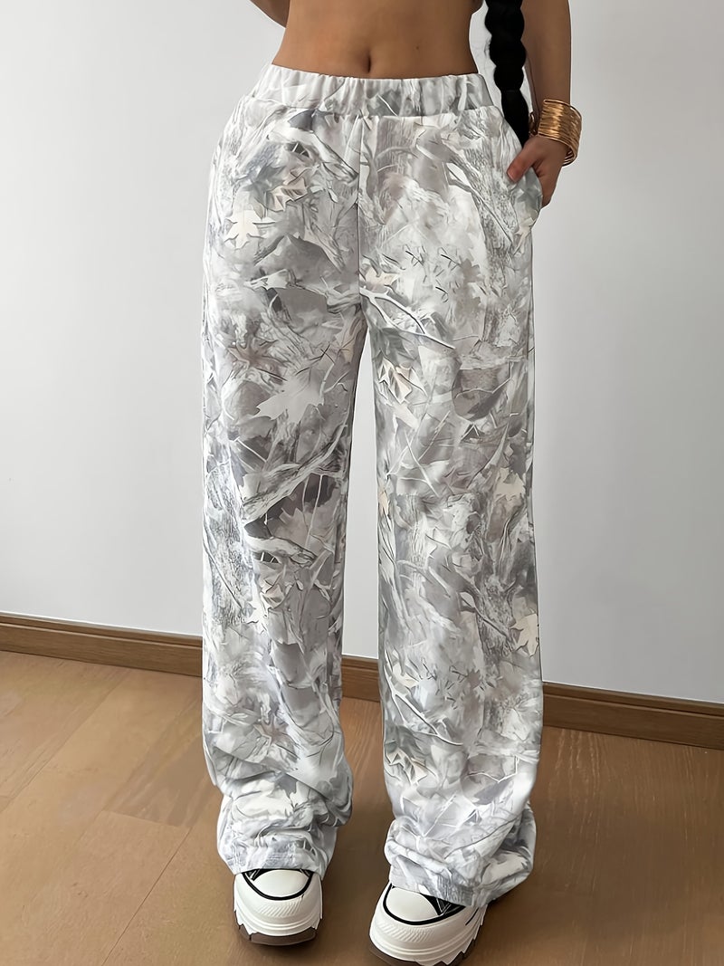 Camouflage Print Straight Leg Elastic Waist Casual Pants for Women - Image 1