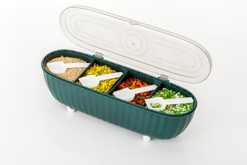 GOPAD GOPAD 4 Compartments Seasoning Box with Lid Seasoning Storage Box Container Seasoning Box with Cover and Serving Spoons Kitchen Condiment Jars Plastic Seasoning Box Set MultiColor 1 Pcs  - Image 1