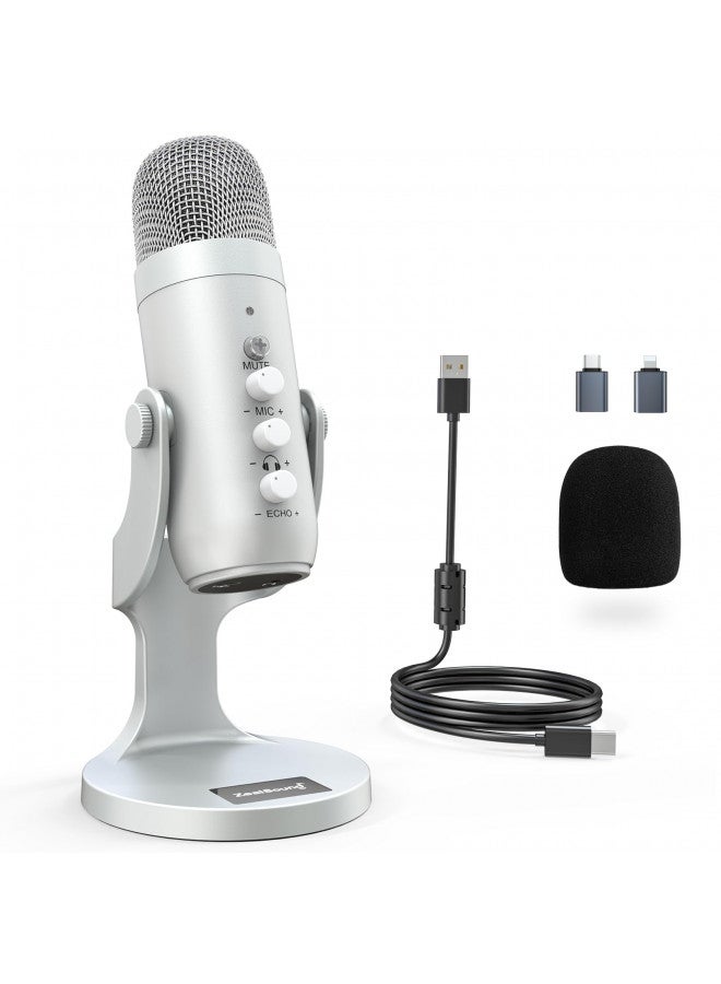 ZealSound ميكروفون USB من ZealSound، ميكروفون مكثف للكمبيوتر PC، ميكروفونات ألعاب قابلة للتوصيل والتشغيل لـ PS 4 و 5. مخرج سماعة التحكم في الصوت، التحكم في مستوى الميكروفون، زر كتم الصوت، صوت، بودكاست يوتيوب على ماك وويندوز (فضي) - Image 1