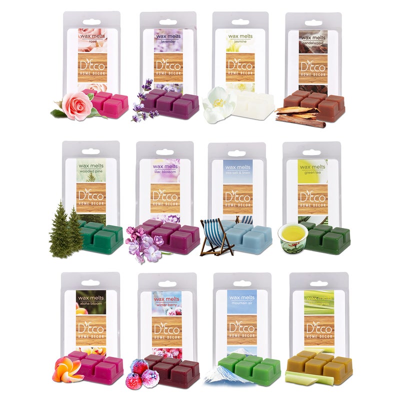 D'Eco Floral Scented Wax Melts- 12 Ct Variety Pack Home Fragrances- Long Lasting Scented Tarts for Warmers- Rose, Pine, Winter Berry, Lavender, Jasmine, Linen, & Nature Scents- Valentines Day Gift Set