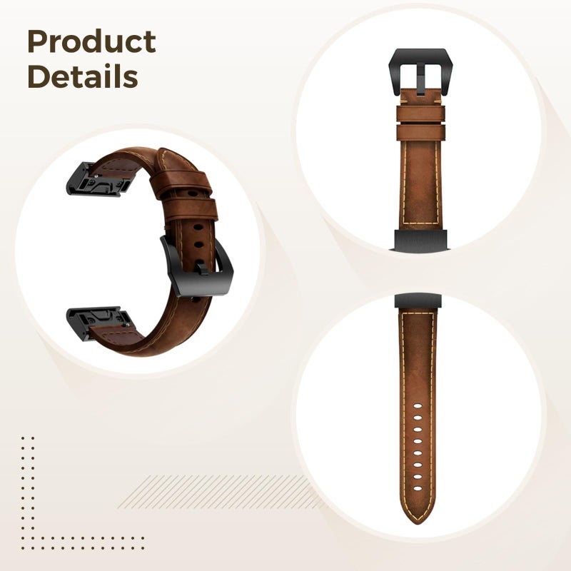Quick Release 26mm Black Brown Leather Watch Band Compatible with Fenix Series - Image 3