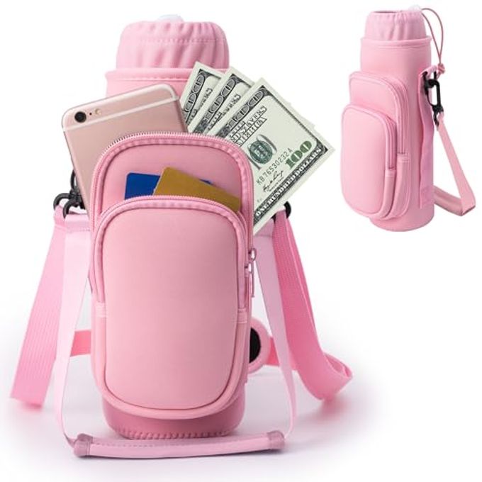 Water Bottle Carrier Bag, Insulated Water Bottle Bag Fits Stanley IceFlow Owala 16/24/32/40oz Tumbler, Water Bottle Holder with Shoulder Hand Straps, 2 Pockets for Travel, Hiking, Camping (Rose Pink)