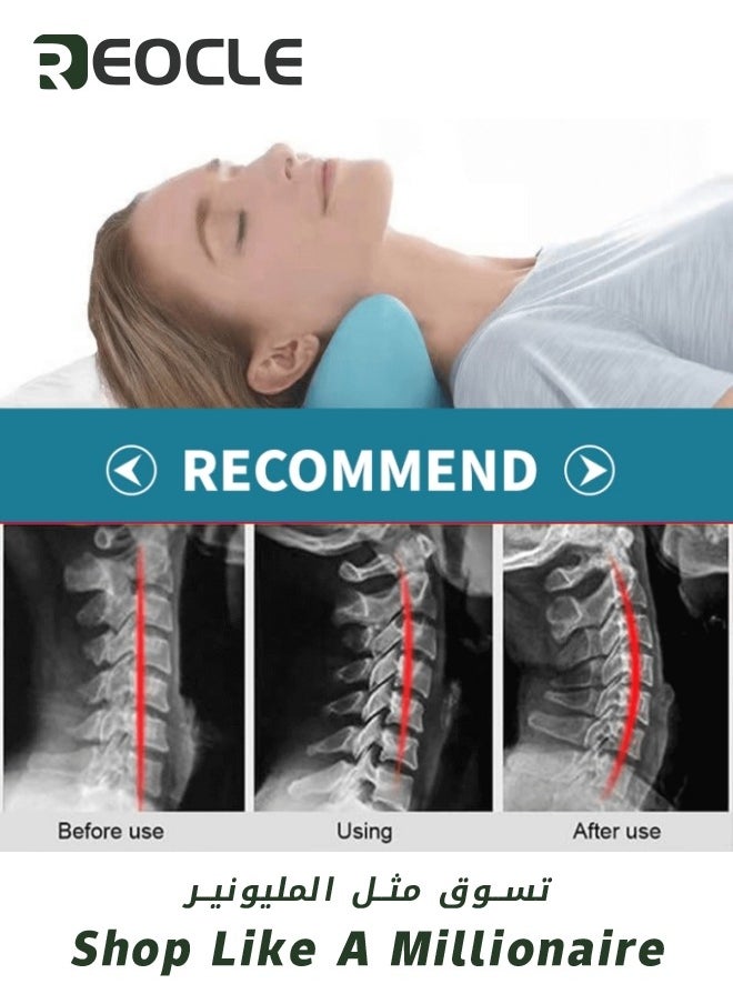 REOCLE Neck Shoulder Stretcher Relaxer Cervical Traction Device Hump Corrector Dowagers Tech Neck TMJ Pain Relief Firm Foam Cervical Spine Alignment Chiropractic Pillow Stretcher Blue  - Image 2