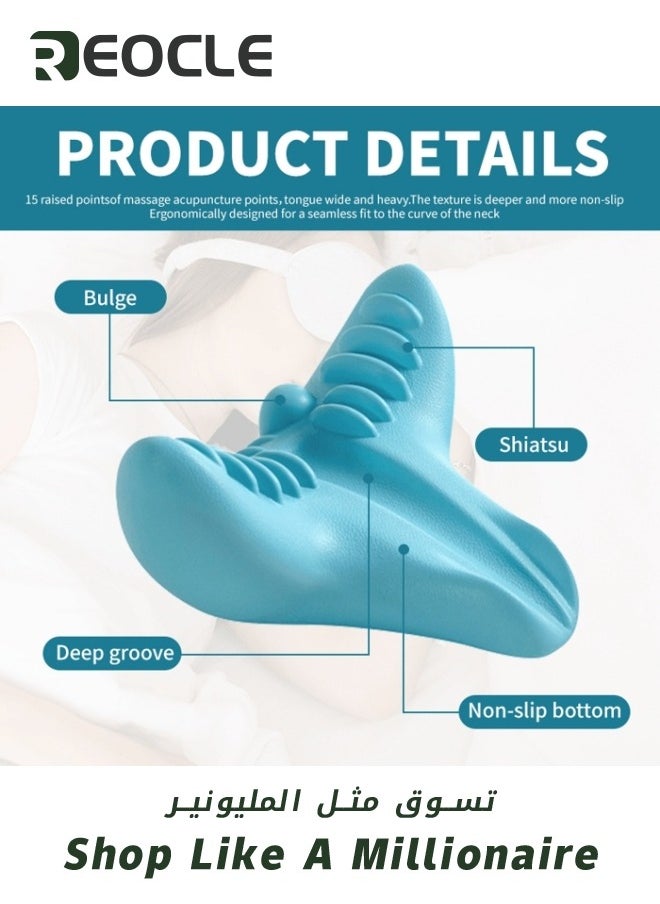REOCLE Neck Shoulder Stretcher Relaxer Cervical Traction Device Hump Corrector Dowagers Tech Neck TMJ Pain Relief Firm Foam Cervical Spine Alignment Chiropractic Pillow Stretcher Blue  - Image 4