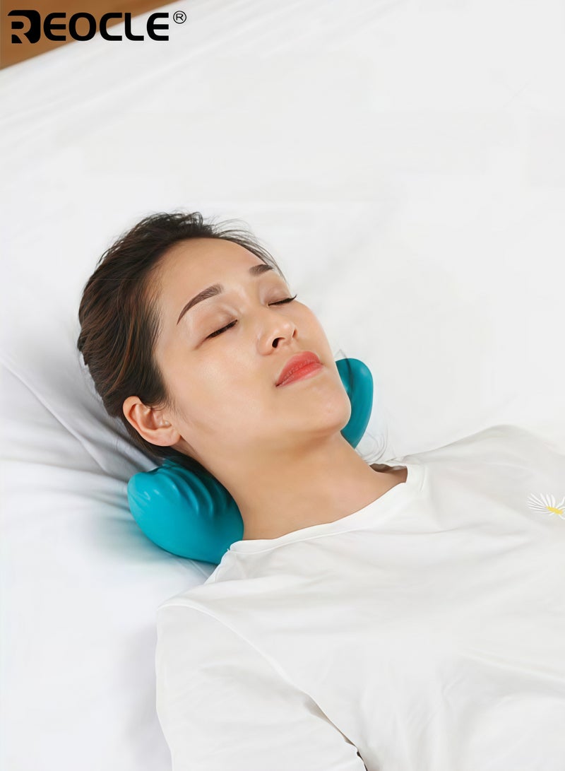 REOCLE Neck Shoulder Stretcher Relaxer Cervical Traction Device Hump Corrector Dowagers Tech Neck TMJ Pain Relief Firm Foam Cervical Spine Alignment Chiropractic Pillow Stretcher Blue - Image 2