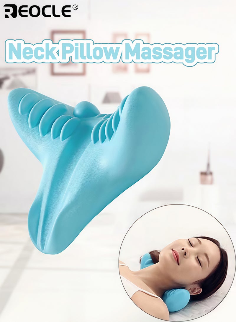REOCLE Neck Shoulder Stretcher Relaxer Cervical Traction Device Hump Corrector Dowagers Tech Neck TMJ Pain Relief Firm Foam Cervical Spine Alignment Chiropractic Pillow Stretcher Blue - Image 1