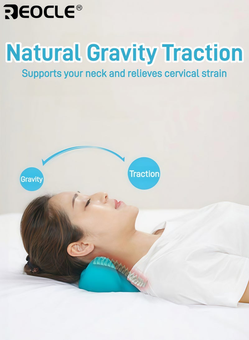 REOCLE Neck Shoulder Stretcher Relaxer Cervical Traction Device Hump Corrector Dowagers Tech Neck TMJ Pain Relief Firm Foam Cervical Spine Alignment Chiropractic Pillow Stretcher Blue - Image 3