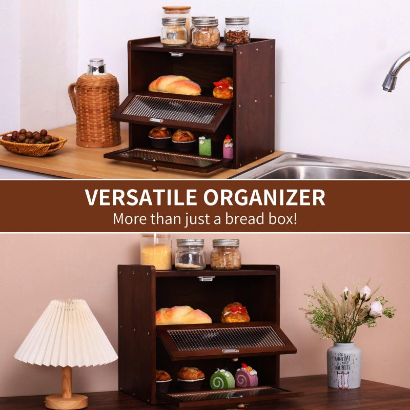 FDHUIJIA Double Layer Large Bread Box for Kitchen Counter, Wooden Bread Storage Container with Acrylic Window (brown) - Image 5