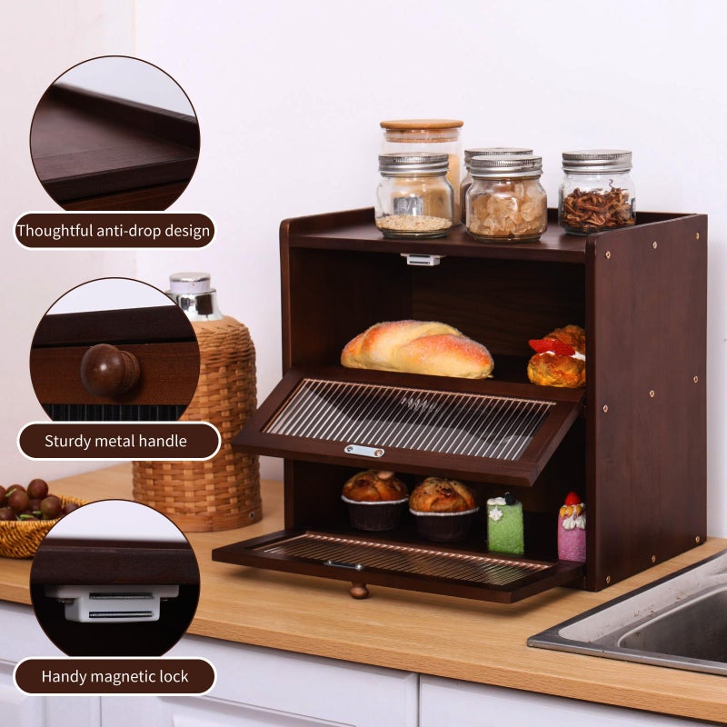 FDHUIJIA Double Layer Large Bread Box for Kitchen Counter, Wooden Bread Storage Container with Acrylic Window (brown) - Image 4