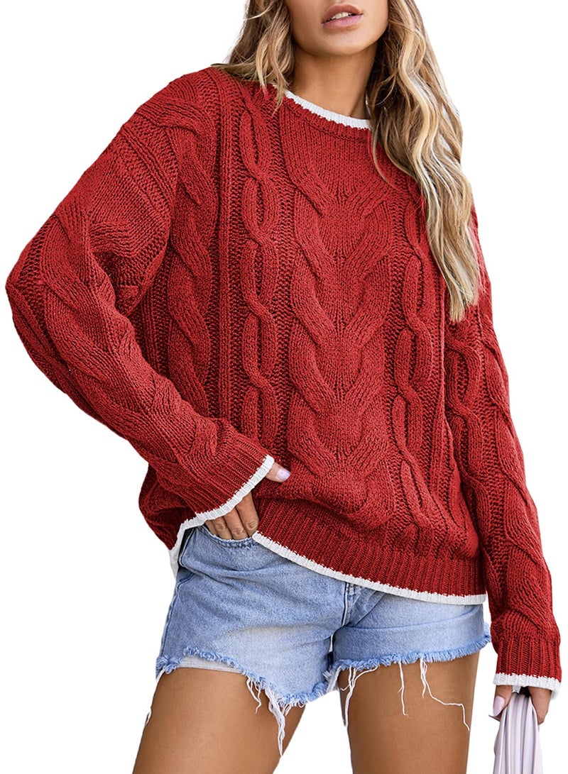 EVALESS Cable Knit Sweaters for Women Trendy Crewneck Long Sleeve Color Block Sweater Tops Casual Fall 2025 Pullover Sweaters Comfy Warm Loose Fit Clothes Red XX-Large - Image 1