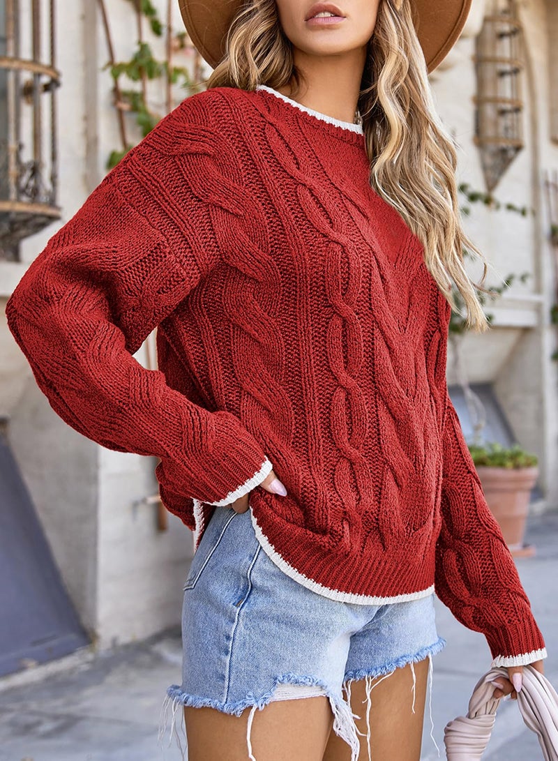 EVALESS Cable Knit Sweaters for Women Trendy Crewneck Long Sleeve Color Block Sweater Tops Casual Fall 2025 Pullover Sweaters Comfy Warm Loose Fit Clothes Red XX-Large - Image 4