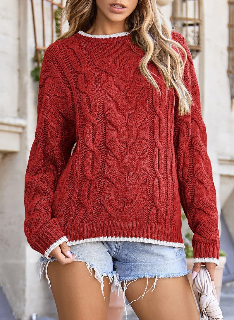 EVALESS Cable Knit Sweaters for Women Trendy Crewneck Long Sleeve Color Block Sweater Tops Casual Fall 2025 Pullover Sweaters Comfy Warm Loose Fit Clothes Red XX-Large - Image 2