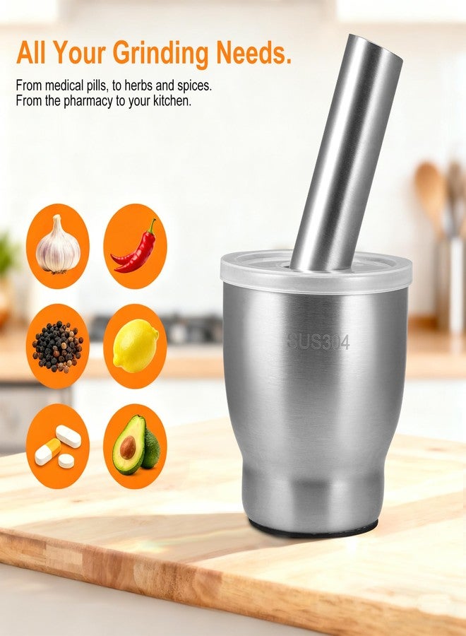 QangBoon Stainless Steel Mortar and Pestle Set,Herb Crusher,Spice Grinder,Pill Grinder with Lid,Make Fresh Guacamole,Salsa, Pesto - Image 2