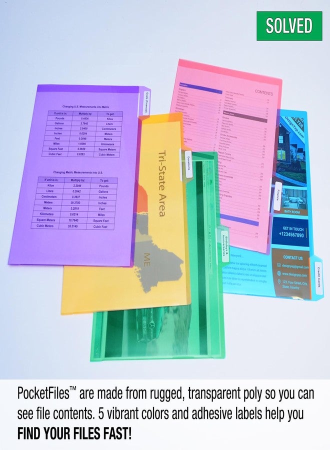 Ultimate Office PocketFile™ Clear Poly Document Folder Project Pockets, 5th-Cut, Letter Size, in 5 Assorted Colors, Set of 50 - Image 3